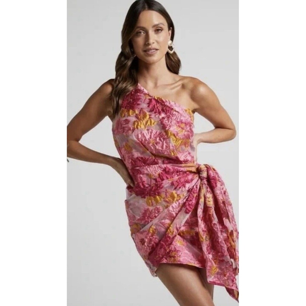 REVERSE Bailey Mine Dress One Shoulder Wrap Front Floral Jacquard Sz 8 Cocktail